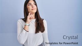  Presentation with question - Theme with young-brunette-woman-standing-over background and a  colored foreground