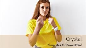  Presentation with defense - Theme consisting of young-brunette-woman-standing-over background and a gold colored foreground