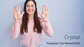  Presentation with number - PPT theme with young-brunette-woman-standing-over background and a  colored foreground