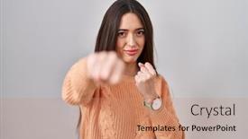  Presentation with violence woman - Presentation theme featuring young-brunette-woman-standing-over background and a coral colored foreground