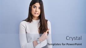  Presentation with forefinger - PPT layouts featuring young-brunette-woman-standing-over background and a light blue colored foreground