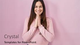  Presentation with praying hands - PPT theme with young-brunette-woman-standing-over background and a soft green colored foreground