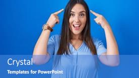  Presentation with thought - Presentation theme enhanced with young-brunette-woman-standing-over background and a teal colored foreground