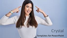  Presentation with great idea - PPT layouts featuring young-brunette-woman-standing-over background and a light blue colored foreground