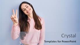  Presentation with victory - Theme with young-brunette-woman-standing-over background and a light blue colored foreground