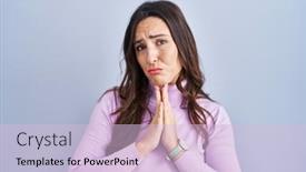  Presentation with woman praying over bible - PPT theme having young-brunette-woman-standing-over background and a lemonade colored foreground