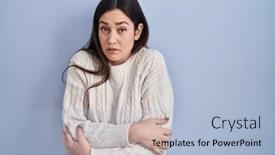  Presentation with winter blue - Presentation with young-brunette-woman-standing-over background and a light blue colored foreground