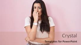  Presentation with pink nails - Presentation design having young-brunette-woman-standing-over background and a coral colored foreground