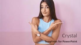  Presentation with direction - Presentation with young-brunette-woman-standing-over background and a coral colored foreground
