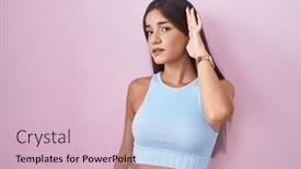  Presentation with hearing - Presentation theme enhanced with young-brunette-woman-standing-over background and a lemonade colored foreground