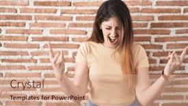  Presentation with rock wall - Slide set having young-brunette-woman-standing-over background and a coral colored foreground
