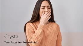  Presentation with sleepiness - Slide deck consisting of young-brunette-woman-standing-over background and a coral colored foreground