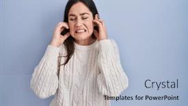 Presentation with blue music - Presentation theme featuring young-brunette-woman-standing-over background and a light blue colored foreground
