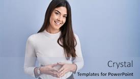  Presentation with optimistic - Presentation theme consisting of young-brunette-woman-standing-over background and a light blue colored foreground