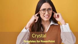  Presentation with yellow music - PPT theme featuring young-brunette-woman-standing-over background and a tawny brown colored foreground