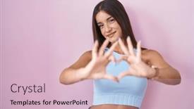  Presentation with heart love - PPT theme with young-brunette-woman-standing-over background and a lemonade colored foreground