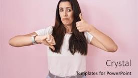  Presentation with conflict - Slides having young-brunette-woman-standing-over background and a lemonade colored foreground