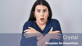  Presentation with sad woman - Presentation featuring young-brunette-woman-standing-over background and a ocean colored foreground