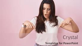  Presentation with advertisement - Presentation theme with young-brunette-woman-standing-over background and a  colored foreground