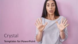  Presentation with panic - Presentation design featuring young-brunette-woman-standing-over background and a soft green colored foreground