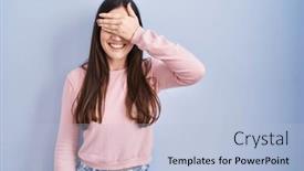  Presentation with blind - PPT theme having young-brunette-woman-standing-over background and a light blue colored foreground