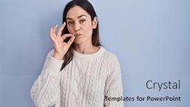  Presentation with lips mouth - Slides enhanced with young-brunette-woman-standing-over background and a light blue colored foreground