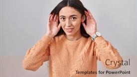  Presentation with deaf - Presentation theme enhanced with young-brunette-woman-standing-over background and a coral colored foreground