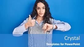  Presentation with conflict - PPT theme enhanced with young-brunette-woman-standing-over background and a teal colored foreground