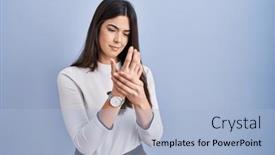  Presentation with arthritis - Slides featuring young-brunette-woman-standing-over background and a light blue colored foreground