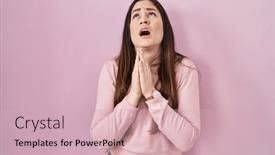  Presentation with praying hands - PPT theme consisting of young-brunette-woman-standing-over background and a soft green colored foreground