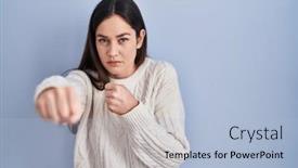  Presentation with violence - Slides consisting of young-brunette-woman-standing-over background and a light blue colored foreground