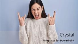  Presentation with rock music - Slide set having young-brunette-woman-standing-over background and a light gray colored foreground