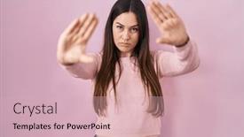  Presentation with frame pink - Slide set consisting of young-brunette-woman-standing-over background and a soft green colored foreground
