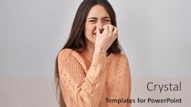  Presentation with bad breath - Slide deck featuring young-brunette-woman-standing-over background and a coral colored foreground