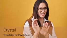  Presentation with yellow - PPT theme enhanced with young-brunette-woman-standing-over background and a coral colored foreground