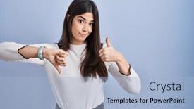  Presentation with conflict - Presentation design consisting of young-brunette-woman-standing-over background and a light blue colored foreground