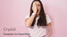  Presentation with face pain - Presentation theme enhanced with young-brunette-woman-standing-over background and a  colored foreground