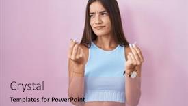  Presentation with pink business - PPT layouts with young-brunette-woman-standing-over background and a soft green colored foreground