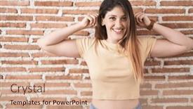 Presentation with ears - Slides with young-brunette-woman-standing-over background and a lemonade colored foreground