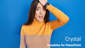  Presentation with memory - Slide set enhanced with young-brunette-woman-standing-over background and a teal colored foreground