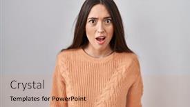  Presentation with fear - Presentation theme enhanced with young-brunette-woman-standing-over background and a coral colored foreground