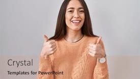  Presentation with winner - Presentation theme consisting of young-brunette-woman-standing-over background and a coral colored foreground