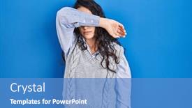  Presentation with sad woman - Presentation theme with young-brunette-woman-standing-over background and a teal colored foreground