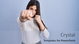  Presentation with violence - Slide set with young-brunette-woman-standing-over background and a light blue colored foreground