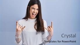  Presentation with rock star - PPT theme consisting of young-brunette-woman-standing-over background and a light blue colored foreground
