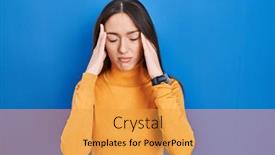  Presentation with migraine - Presentation design with young-brunette-woman-standing-over background and a yellow colored foreground