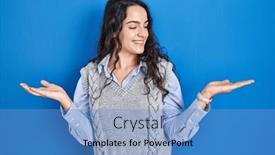  Presentation with woman hands open - Theme featuring young-brunette-woman-standing-over background and a teal colored foreground