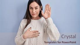  Presentation with hand palm - Presentation design enhanced with young-brunette-woman-standing-over background and a soft green colored foreground