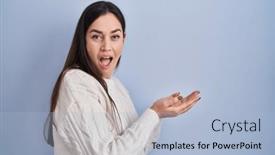  Presentation with woman hands open - PPT theme featuring young-brunette-woman-standing-over background and a light blue colored foreground