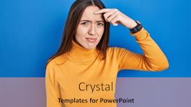  Presentation with acne woman - PPT theme consisting of young-brunette-woman-standing-over background and a yellow colored foreground